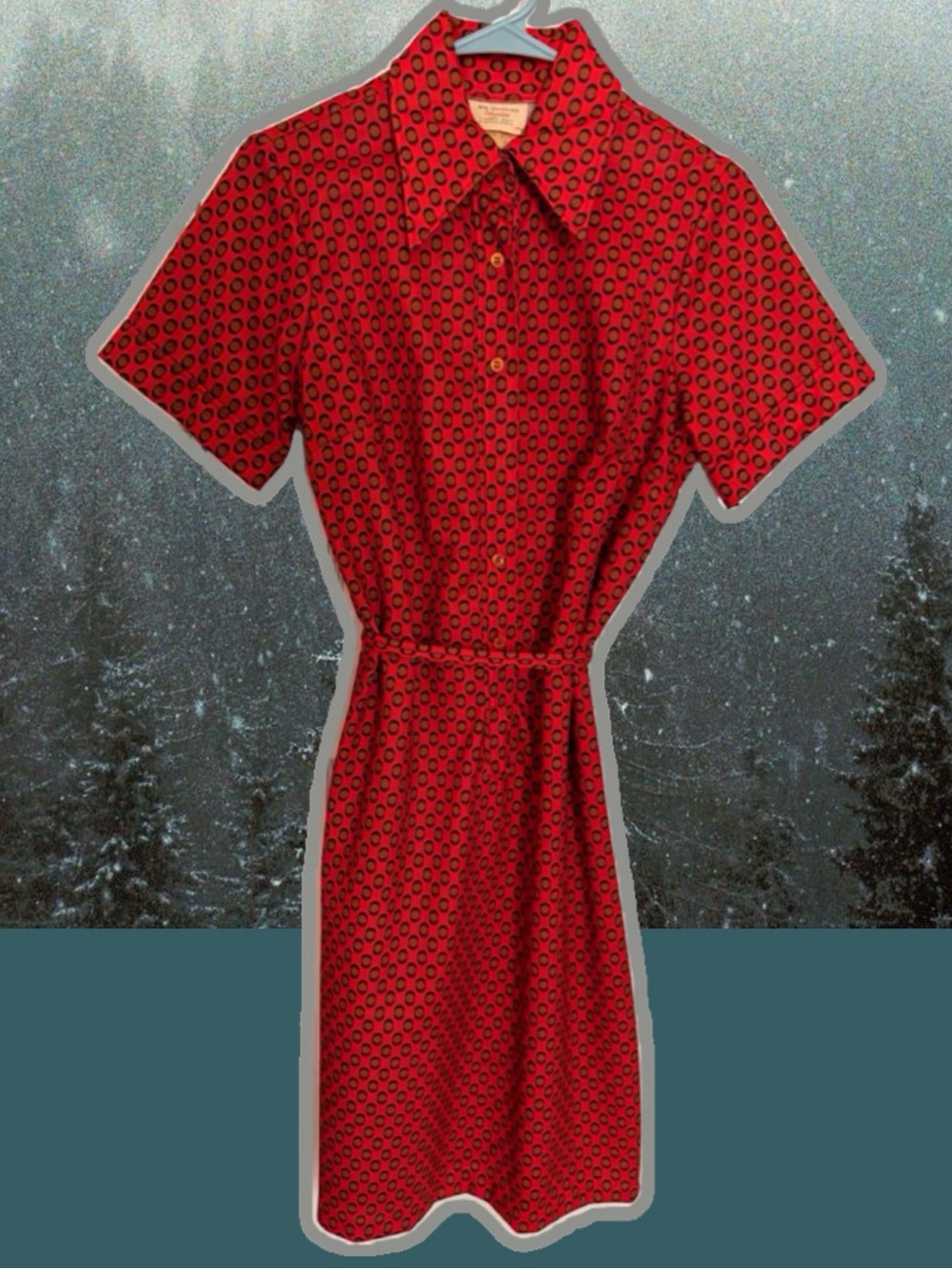 70’s Vintage Geometric Red Dress with Dagger Collar